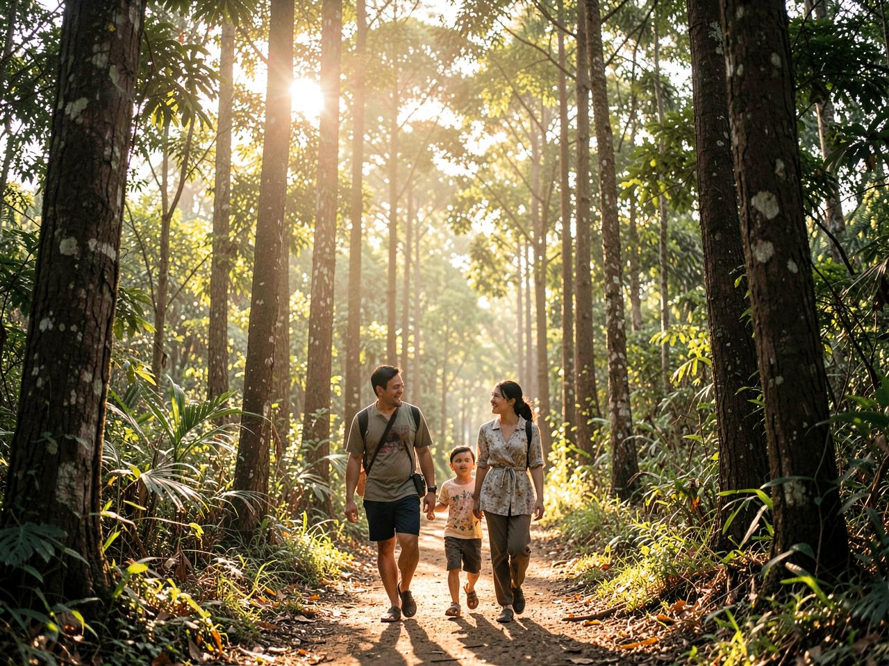 Family enjoying a green walkway
